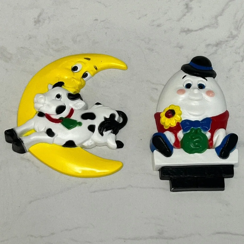 Vtg Burwood Products Nursery Rhyme Wall Plaques Decor Cow Moon Humpty Dumpty Set